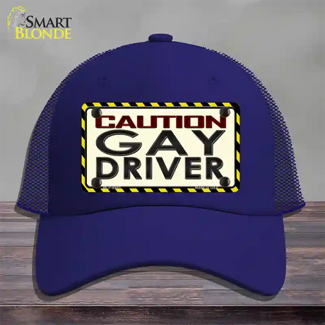 Caution Gay Driver Novelty License Plate Hat Mesh / Royal Blue