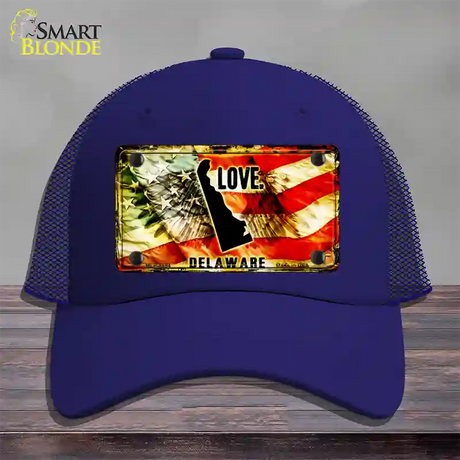 Delaware Love Novelty License Plate Hat Mesh / Royal Blue