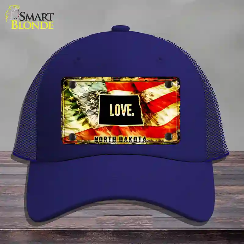 North Dakota Love Novelty License Plate Hat Mesh / Royal Blue