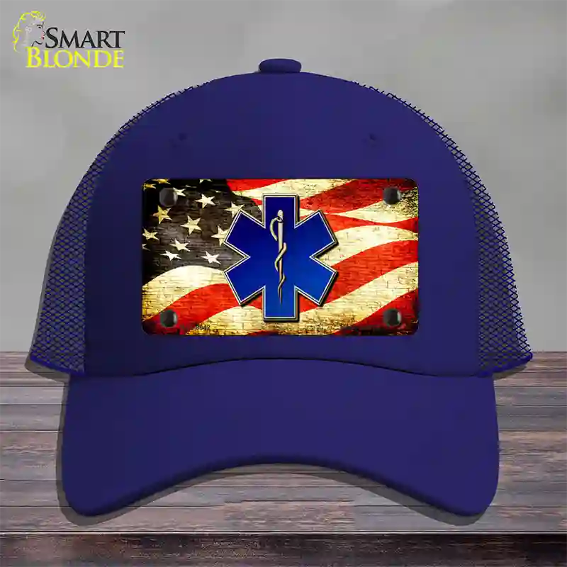 EMT Logo With USA Flag Novelty License Plate Hat Mesh / Royal Blue