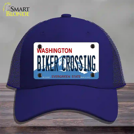 Biker Crossing Washington Novelty License Plate Hat Mesh / Royal Blue