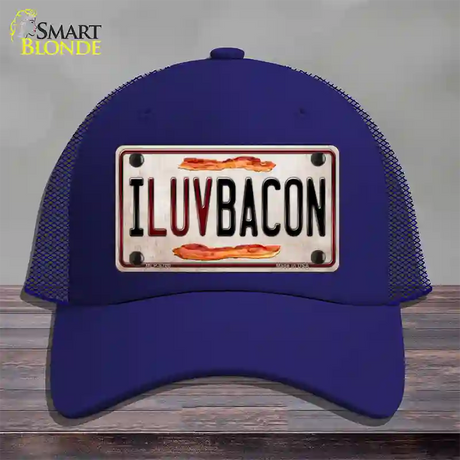 I Luv Bacon Novelty License Plate Hat Mesh / Royal Blue