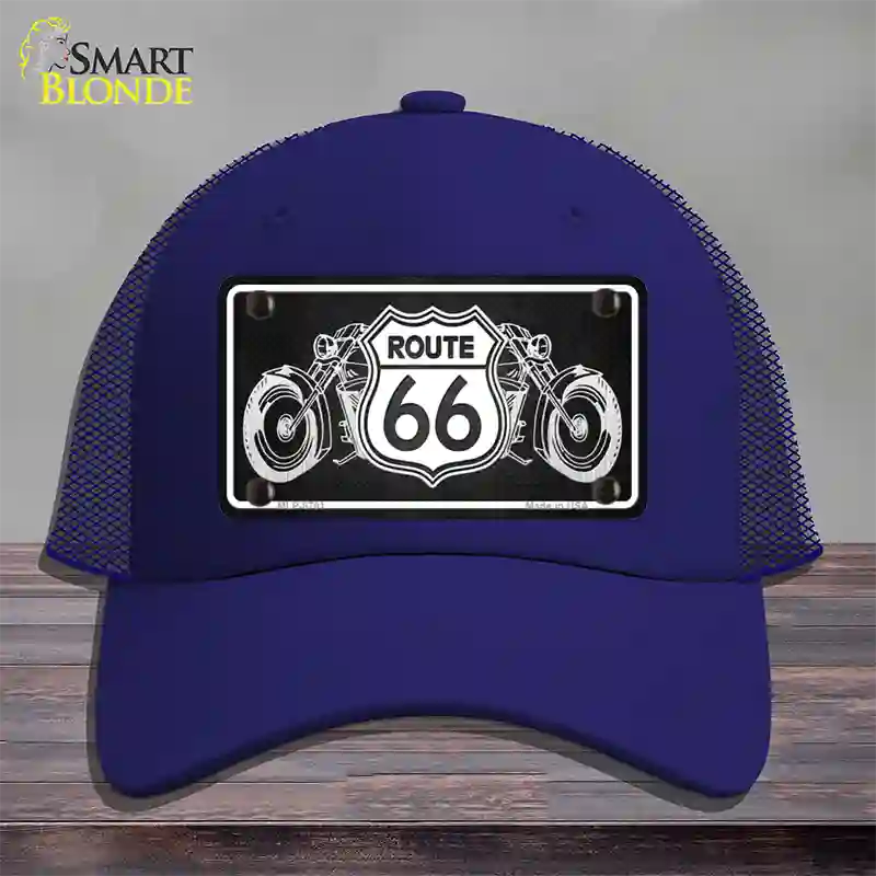 Route 66 With Bikes Novelty License Plate Hat Mesh / Royal Blue