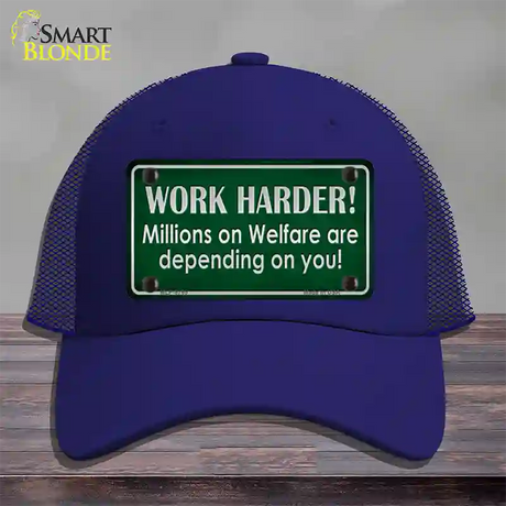 Work Harder Novelty License Plate Hat Mesh / Royal Blue