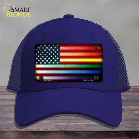 American Flag Rainbow Novelty License Plate Hat Mesh / Royal Blue