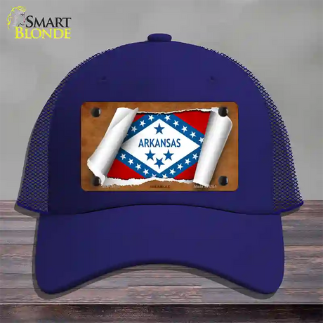 Arkansas Flag Scroll Novelty License Plate Hat Mesh / Royal Blue