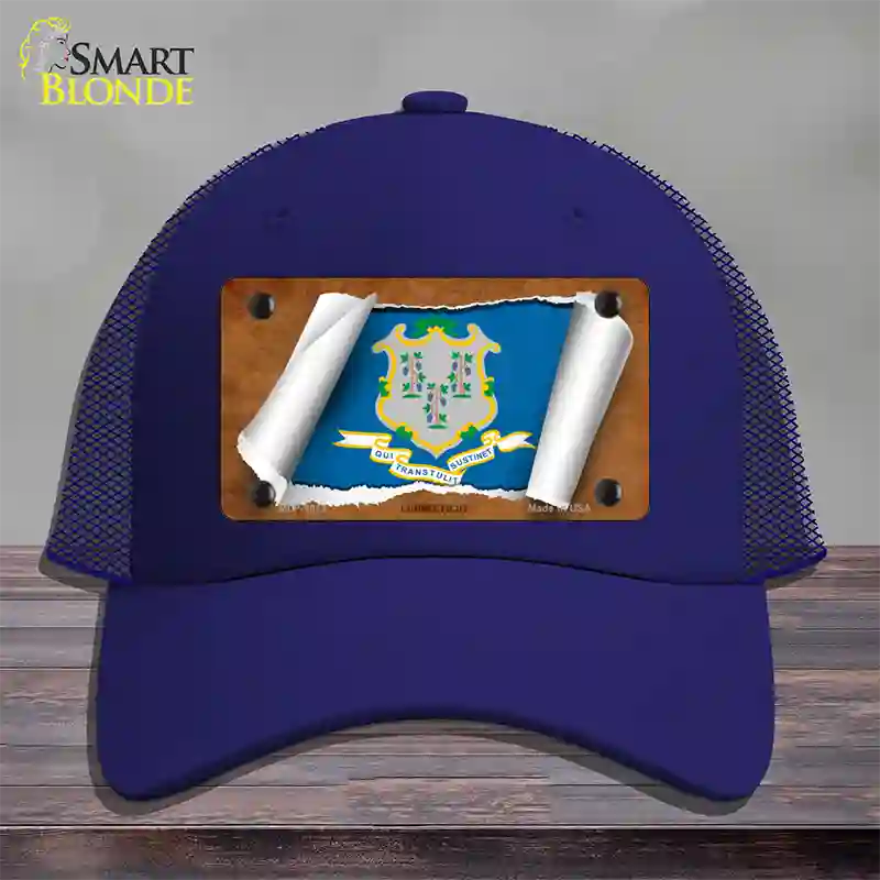 Connecticut Flag Scroll Novelty License Plate Hat Mesh / Royal Blue