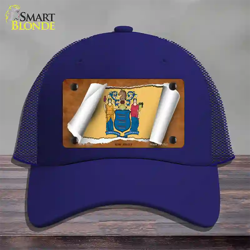 New Jersey Flag Scroll Novelty License Plate Hat Mesh / Royal Blue