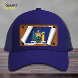 New York Flag Scroll Novelty License Plate Hat Mesh / Royal Blue