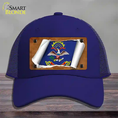 North Dakota Flag Scroll Novelty License Plate Hat Mesh / Royal Blue