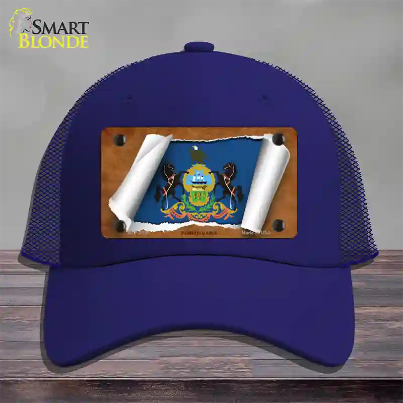 Pennsylvania Flag Scroll Novelty License Plate Hat Mesh / Royal Blue