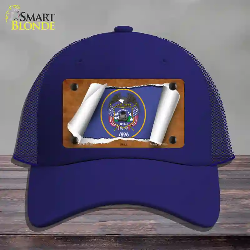 Utah Flag Scroll Novelty License Plate Hat Mesh / Royal Blue