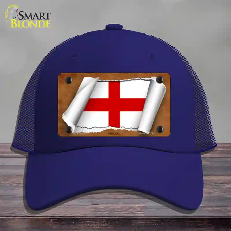 England Flag Scroll Novelty License Plate Hat Mesh / Royal Blue