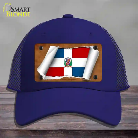 Dominican Republic Flag Scroll Novelty License Plate Hat Mesh / Royal Blue