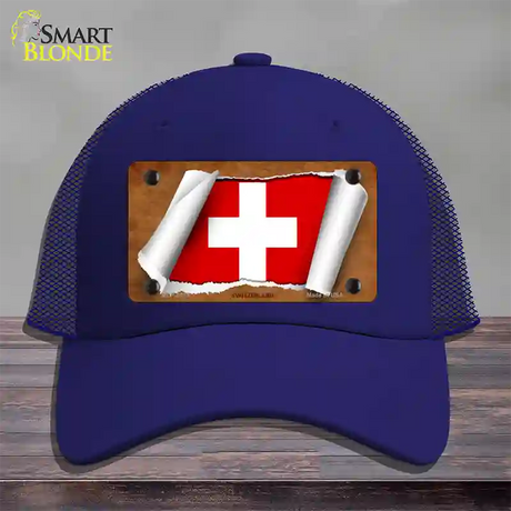 Switzerland Flag Scroll Novelty License Plate Hat Mesh / Royal Blue