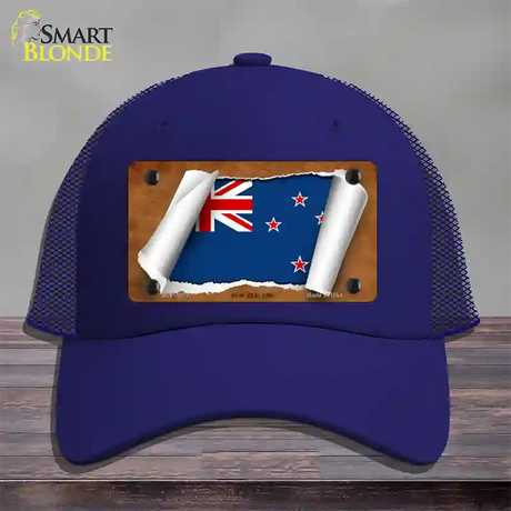 New Zealand Flag Scroll Novelty License Plate Hat Mesh / Royal Blue