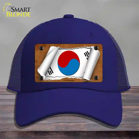 South Korea Flag Scroll Novelty License Plate Hat Mesh / Royal Blue