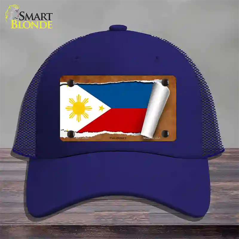 Philippines Flag Scroll Novelty License Plate Hat Mesh / Royal Blue