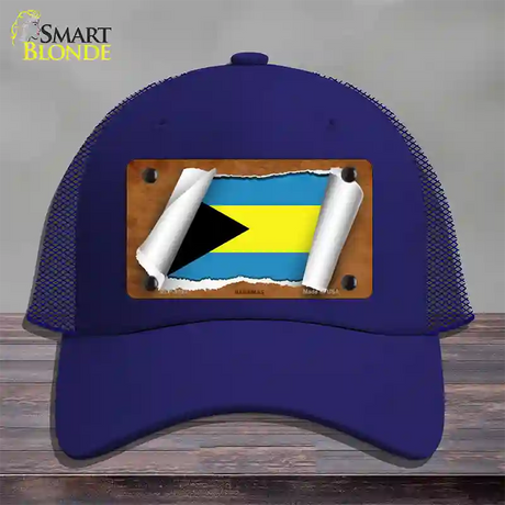 Bahamas Flag Scroll Novelty License Plate Hat Mesh / Royal Blue