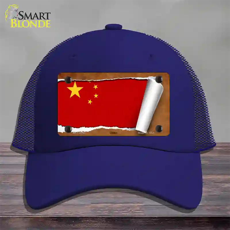 China Flag Scroll Novelty License Plate Hat Mesh / Royal Blue