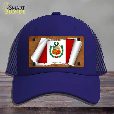 Peru Flag Scroll Novelty License Plate Hat Mesh / Royal Blue