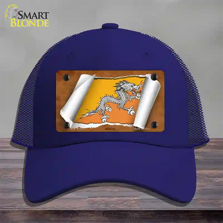 Bhutan Flag Scroll Novelty License Plate Hat Mesh / Royal Blue