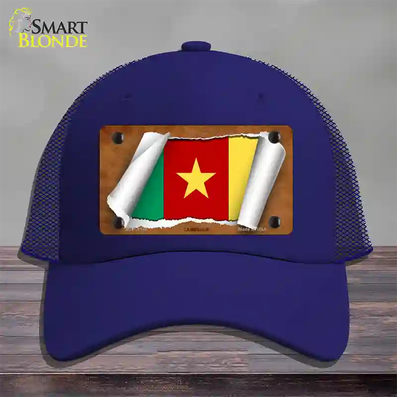 Cameroon Flag Scroll Novelty License Plate Hat Mesh / Royal Blue