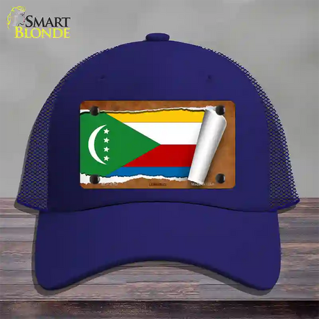 Comoros Flag Scroll Novelty License Plate Hat Mesh / Royal Blue