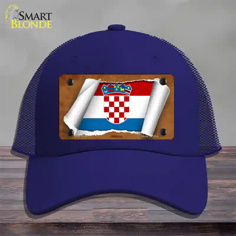 Croatia Flag Scroll Novelty License Plate Hat Mesh / Royal Blue