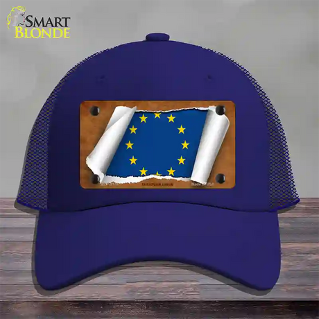 European Union Flag Scroll Novelty License Plate Hat Mesh / Royal Blue