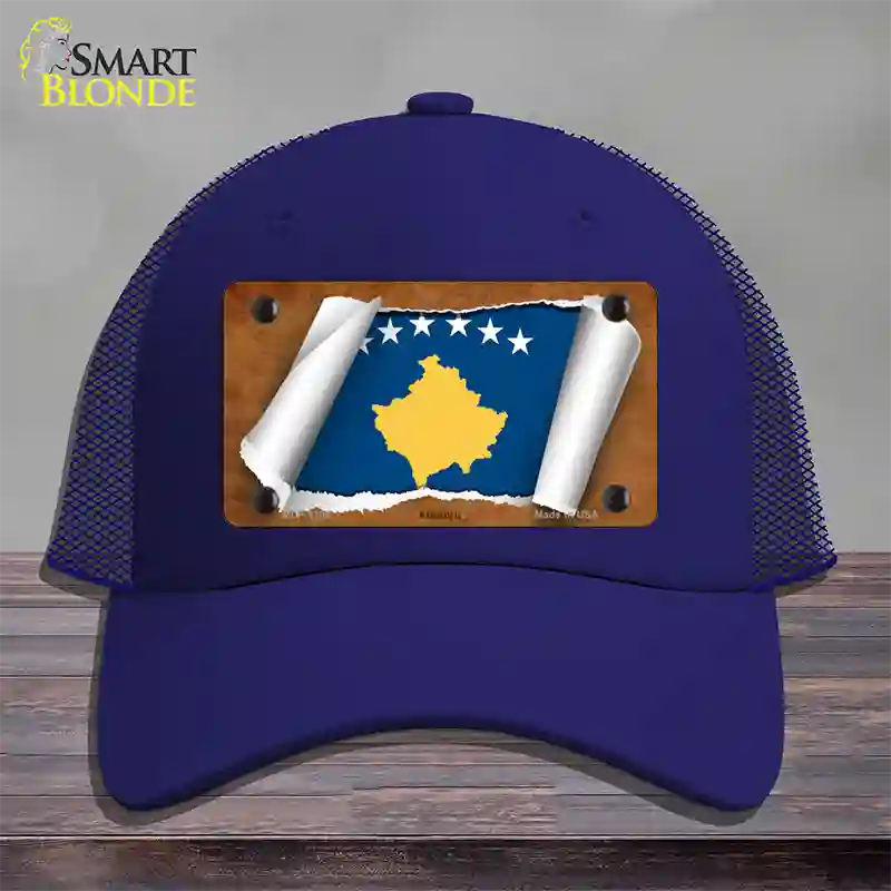 Kosovo Flag Scroll Novelty License Plate Hat Mesh / Royal Blue