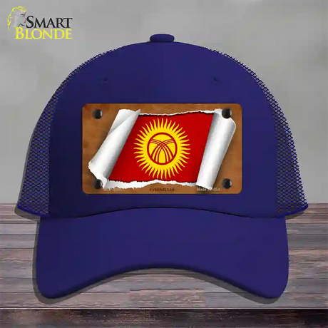 Kyrgyzstan Flag Scroll Novelty License Plate Hat Mesh / Royal Blue