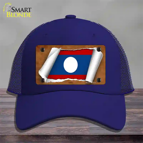 Laos Flag Scroll Novelty License Plate Hat Mesh / Royal Blue