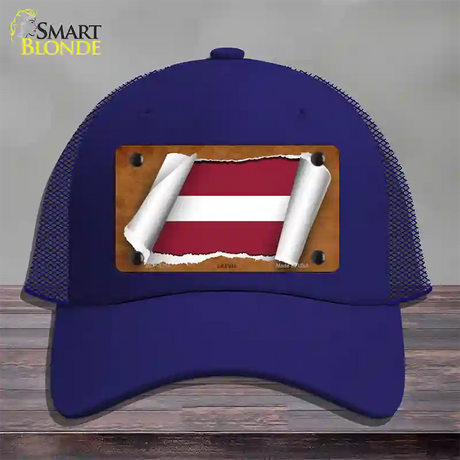 Latvia Flag Scroll Novelty License Plate Hat Mesh / Royal Blue