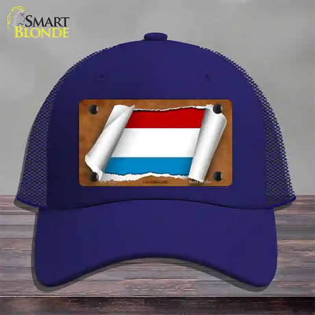 Luxemboury Flag Scroll Novelty License Plate Hat Mesh / Royal Blue