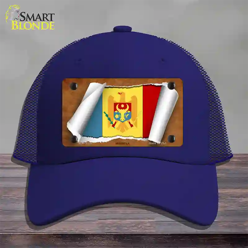 Moldova Flag Scroll Novelty License Plate Hat Mesh / Royal Blue