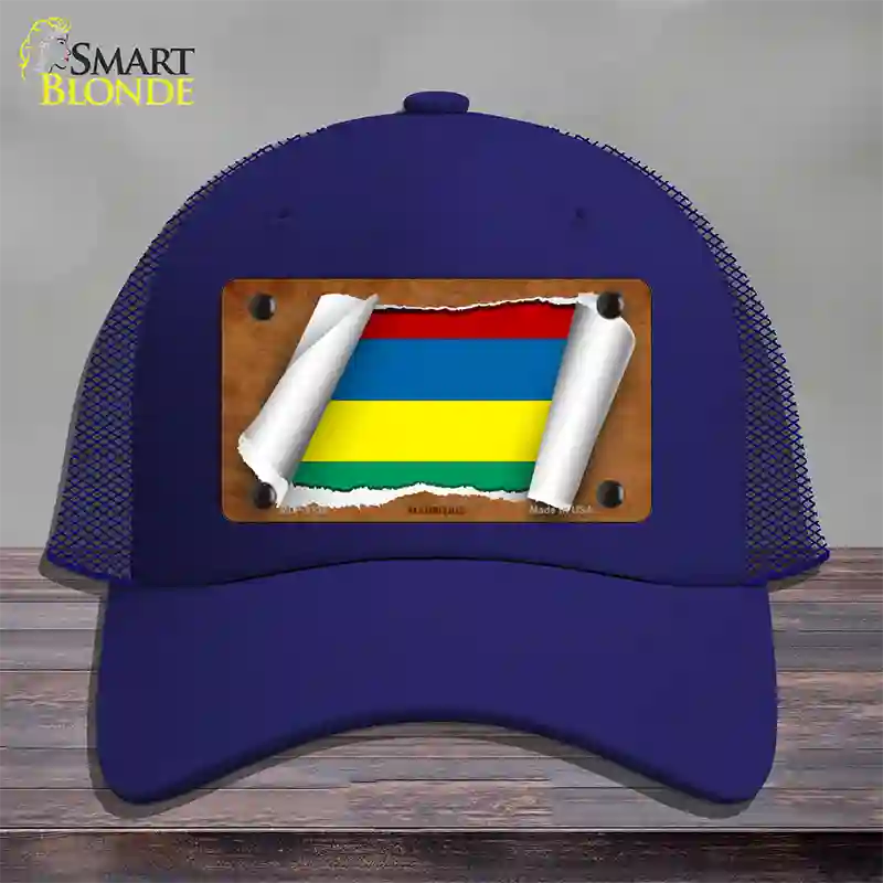 Mauritius Flag Scroll Novelty License Plate Hat Mesh / Royal Blue