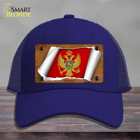 Montenegro Flag Scroll Novelty License Plate Hat Mesh / Royal Blue