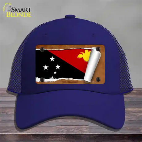 Papua New Guinea Flag Scroll Novelty License Plate Hat Mesh / Royal Blue