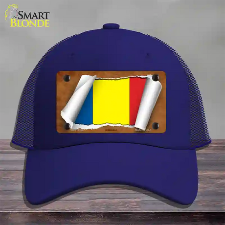 Romania Flag Scroll Novelty License Plate Hat Mesh / Royal Blue