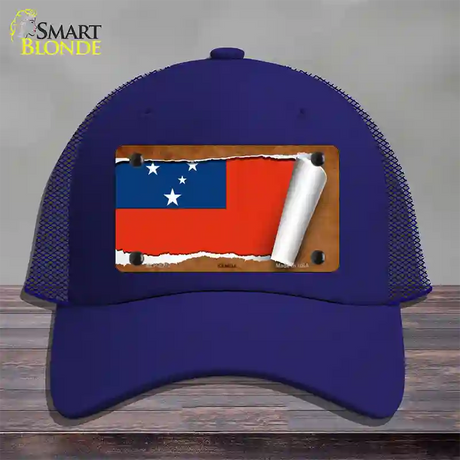 Samoa Flag Scroll Novelty License Plate Hat Mesh / Royal Blue