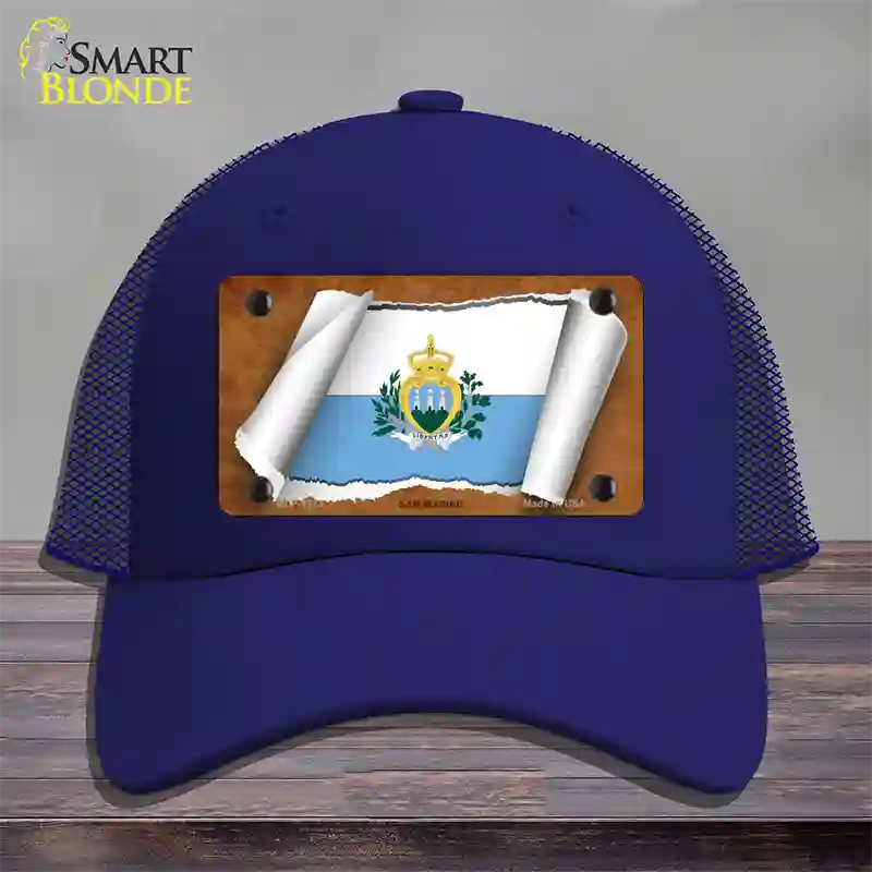 San Marino Flag Scroll Novelty License Plate Hat Mesh / Royal Blue