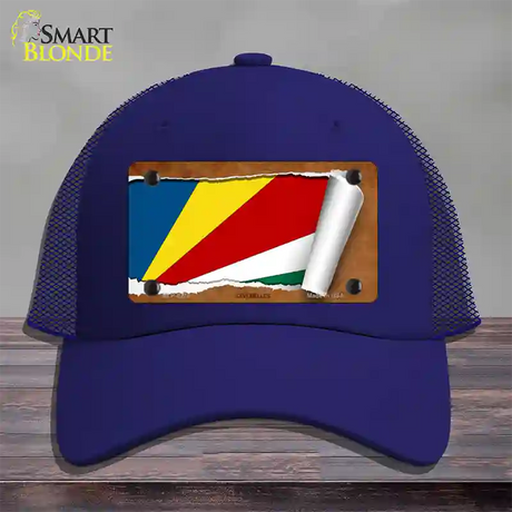 Seychelles Flag Scroll Novelty License Plate Hat Mesh / Royal Blue