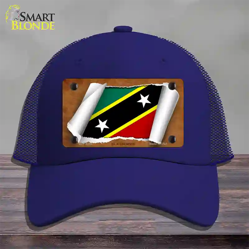 St Kitts-Nevis Flag Scroll Novelty License Plate Hat Mesh / Royal Blue