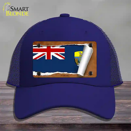 St Helena Flag Scroll Novelty License Plate Hat Mesh / Royal Blue