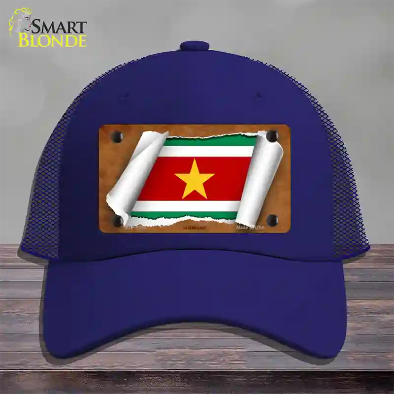 Suriname Flag Scroll Novelty License Plate Hat Mesh / Royal Blue