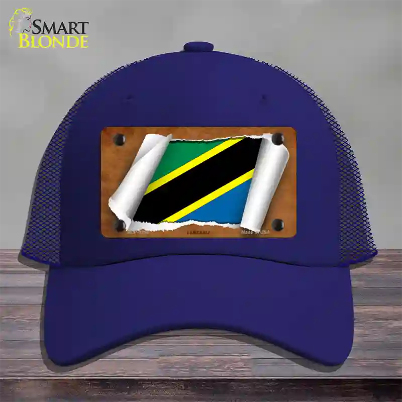 Tanzania Flag Scroll Novelty License Plate Hat Mesh / Royal Blue