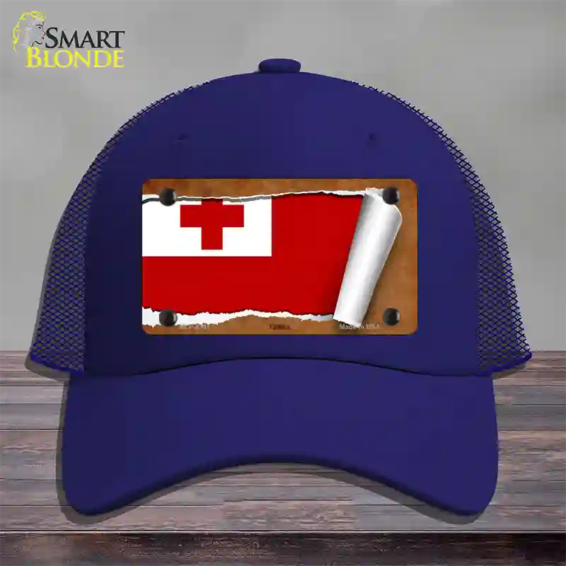 Tonga Flag Scroll Novelty License Plate Hat Mesh / Royal Blue