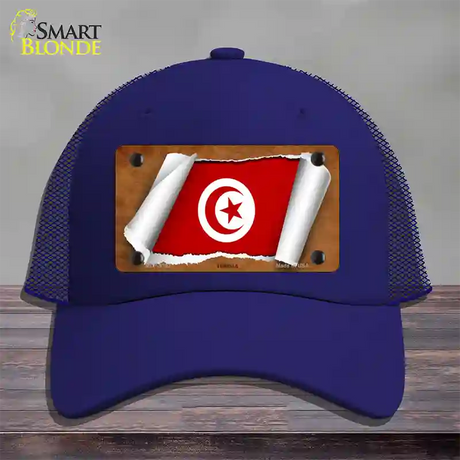 Tunisia Flag Scroll Novelty License Plate Hat Mesh / Royal Blue