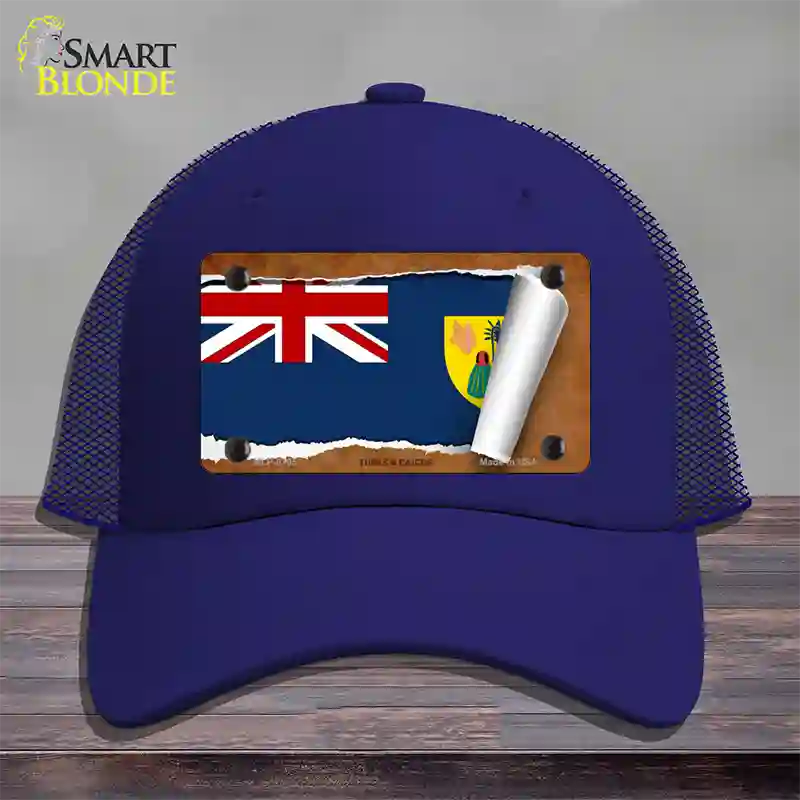 Turks & Caicos Flag Scroll Novelty License Plate Hat Mesh / Royal Blue